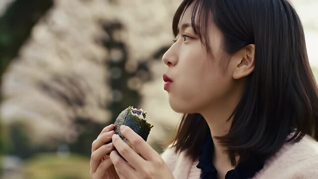 Woman Eating Seaweed Rice Ball Outdoors Close-Up
