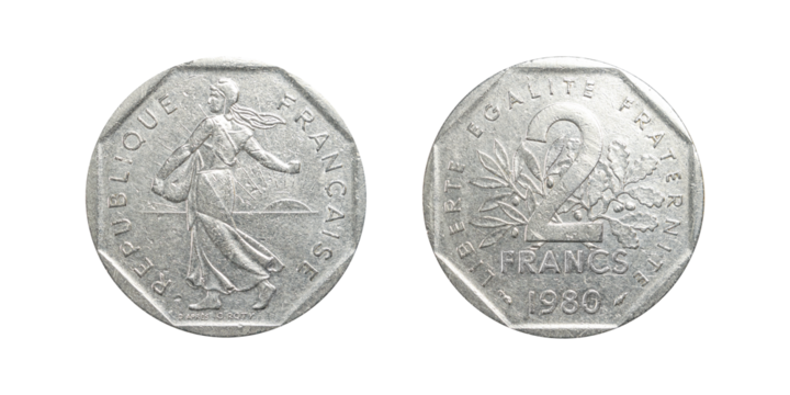 Vintage French 2 Francs coin from 1980, front and back sides,showing Marianne and oak branch designs with République Française and Liberté Égalité Fraternité inscriptions,isolated.