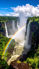 Obraz premium Vertical Panoramic Shot of Giant Waterfalls Surrounded by Rainbow Mist
