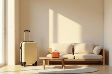 A light-filled room showcases a minimalist beige sofa, a small wooden coffee table with a handbag, and a pale yellow suitcase near a large window, evoking a serene and peaceful atmosphere.