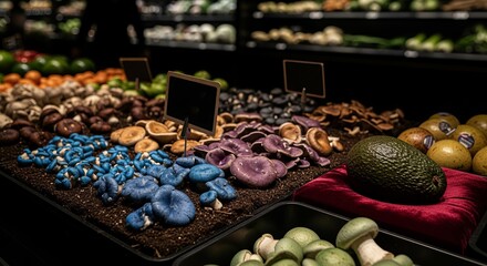 Fototapeta premium Assorted Colorful Mushrooms and Avocado Displayed on Red Pillow