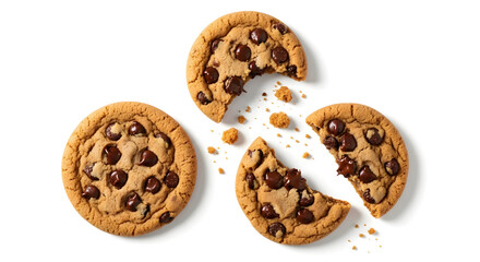Delicious homemade cookies with rich chocolate chips, one bitten, on a pristine white background.