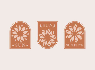 Sun flower crest logo set. Minimalist boho arch emblem with floral sun mandala for organic skincare, wellness, yoga studio, cafe, boutique, and natural branding design templates.