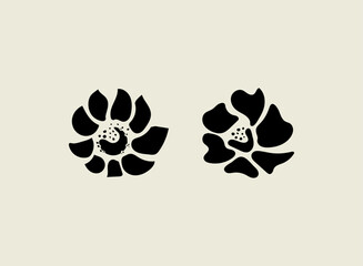 Minimalist floral logo symbol. Abstract flower silhouette with bold petals and center dot details, simple vector emblem for cosmetic skincare spa wellness organic botanical brand design template.
