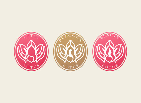 Elegant lotus emblem logo set with peacock and beauty variations. Round floral luxury symbol for spa, cosmetic, skincare, boutique, jewelry, wellness, yoga, and premium branding identity.