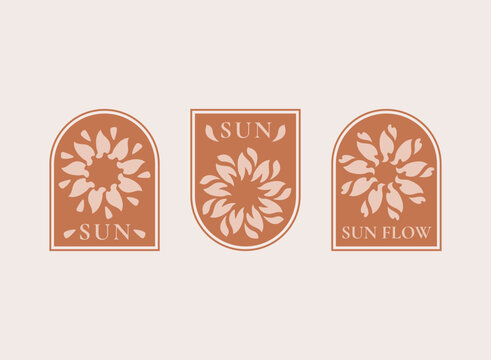 Sun flower crest logo set. Minimalist boho arch emblem with floral sun mandala for organic skincare, wellness, yoga studio, cafe, boutique, and natural branding design templates.
