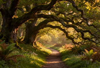 Naklejka premium Lush forest path, golden sunlight, serene atmosphere.