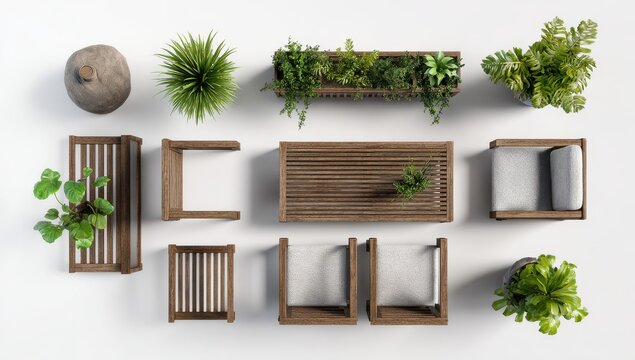 A set of outdoor furniture, top view, white background, wooden textures, plants, flat design style, 3D rendering