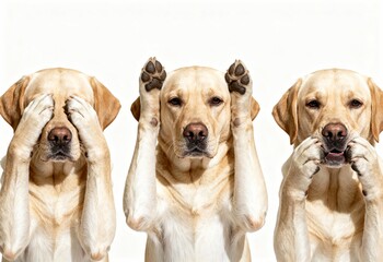 Three Labrador dogs posing as see no evil hear no evil speak no evil on white background