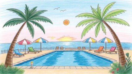 Tropical paradise with pool, palm trees, and ocean sunset