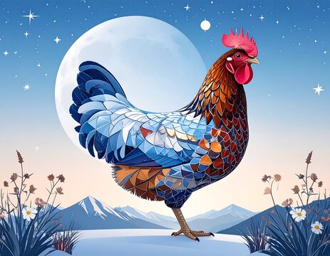 Colorful rooster in winter landscape