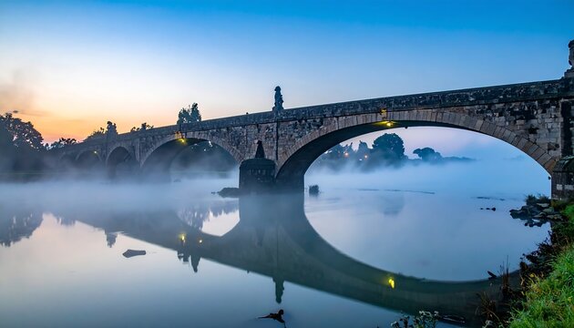 Ancient Stone Bridge over Foggy River at Dawn with Reflections.