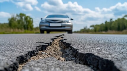 A self-repairing road system instantly fixing cracks after a powerful earthquake