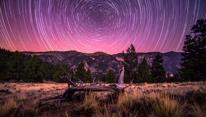 Star trails over a mountain meadow