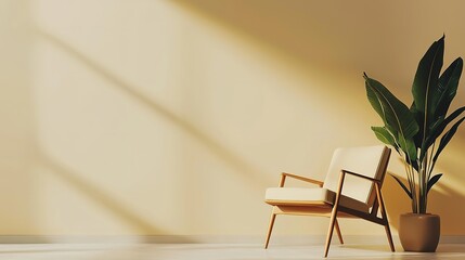 A minimalist room corner with a modern wooden chair and a tall potted plant bathed in warm sunlight against a beige wall.