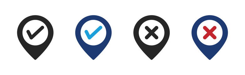 Check mark and cross map pin icon set. Wrong and right location vector sign or icons