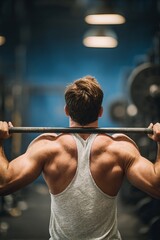 Naklejka premium Man lifting barbell, strong back muscles (6)