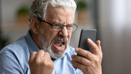 Elderly man holding a smartphone, looking angry and upset