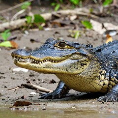 Obraz premium Close-up of a young crocodile on riverbank
