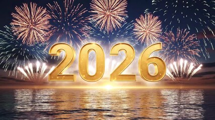Happy New Year 2026 Celebration with Golden Numbers and Fireworks over a Scenic Ocean Sunset Background - Powered by Adobe