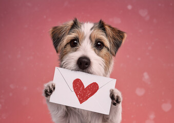 Ai dog holds letter with heart illustration in a festive setting during Valentine's Day celebration