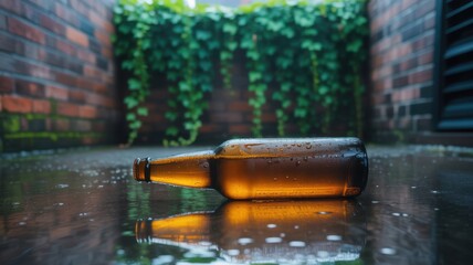 An abandoned beer bottle lies on a wet alley floor, reflecting the urban decay and the remnants of a forgotten night, evoking a sense of solitude
