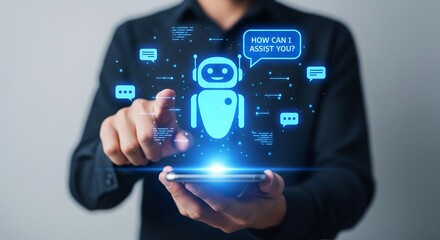 Fototapeta premium Interactive AI Assistant: User Engaging with Futuristic Chatbot Support