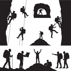 Obraz premium Silhouette climbers conquering majestic cliffs. High-angle silhouette figures ascend and descend formidable rock faces, exuding a spirit of perseverance and achievement.