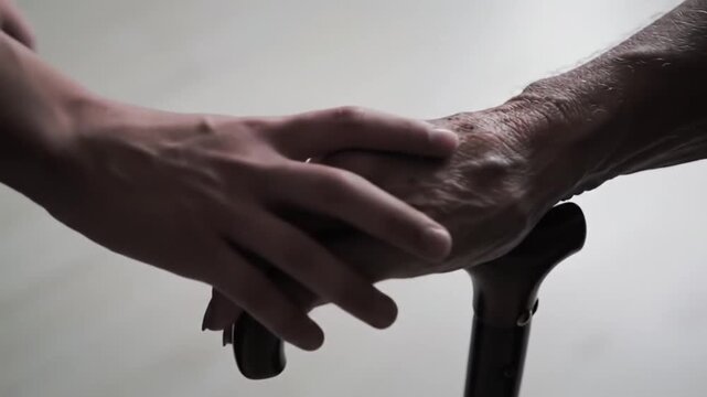 Aged, wrinkled hand rests gently on a dark walking cane handle against a neutral background