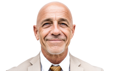 Confident business man in light suit with a friendly smile against a white background.