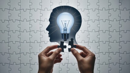 A creative mind assembling the puzzle of innovation, with a light bulb shining brightly inside the head, symbolizing ideas and solutions