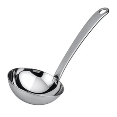 Shiny single stainless steel spoon isolated on a white background, a common kitchen utensil for eating a meal