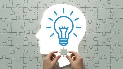 Hands completing a jigsaw puzzle in the shape of a head with a light bulb, symbolizing problemsolving, creativity, and finding solutions
