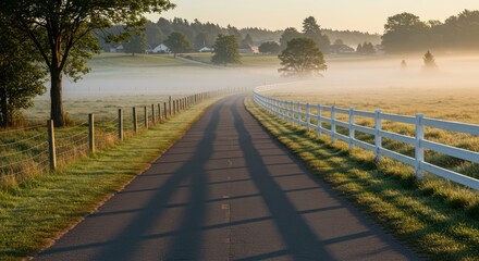 Scenic asphalt road leading towards the misty horizon framed by a white fence and green fields during a sunny morning
