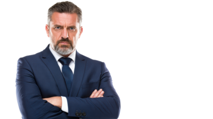 Confident businessman with arms crossed, looking serious, isolated on a white background.