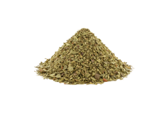 Conical dried basil pile, muted green and earthy brown flakes, macro, isolated on a seamless brilliant white background with copy space, soft diffused studio lighting, concept of culinary seasoning