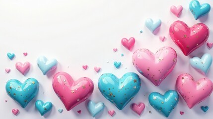 Fototapeta premium A Festive Collection of Sparkling Pink and Blue Hearts on a White Background