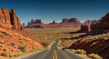 Scenic asphalt road winding through a desert landscape with red rock formations under a clear blue sky