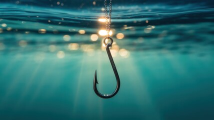 An underwater view of a fishing hook suspended in clear blue water, with sunlight filtering through the surface, creating a sense of anticipation and adventure