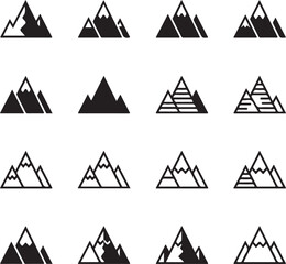 Geometric Mountain Icons: A collection of diverse, clean-cut mountain icons with varying designs. Each silhouette encapsulates the essence of peak beauty, perfect for themes such as exploration.