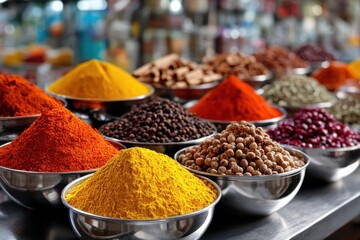 Colorful spices displayed in bowls at a market