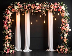 Whimsical classic simple white curtains Wedding maternity engagement family studio photo backdrop banner background with pastel pink beige white rustic flowers and hanging lights in black walls