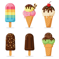 A colorful collection of six different vector ice cream treats including cones and popsicles with various toppings.