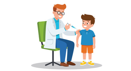 A friendly male doctor in a white lab coat giving a vaccination shot to a brave young boy.
