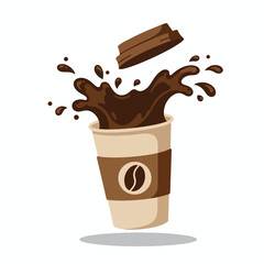 A piece of chocolate dropping into a paper coffee cup creating a big splash.