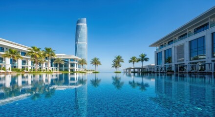 Luxurious hotel resort with infinity pool and towering skyscraper under a bright blue sky