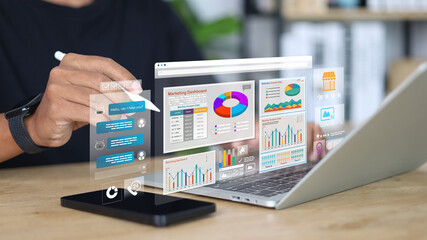 Marketer using digital marketing dashboard with charts, pie graphs, organization chart, and performance data. Concept of business analytics and strategic planning.