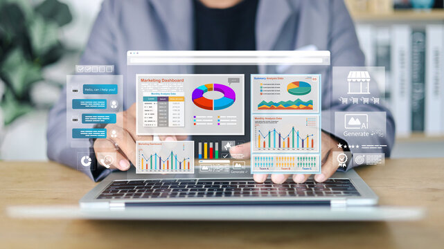 Marketer using digital marketing dashboard with charts, pie graphs, organization chart, and performance data. Concept of business analytics and strategic planning.