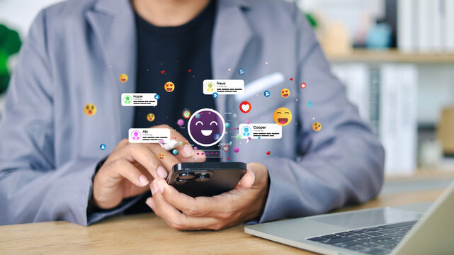 Social media and digital online concept, man using smart phone with Social media. online marketing, technology, chat, post, like, follow at phone screen.