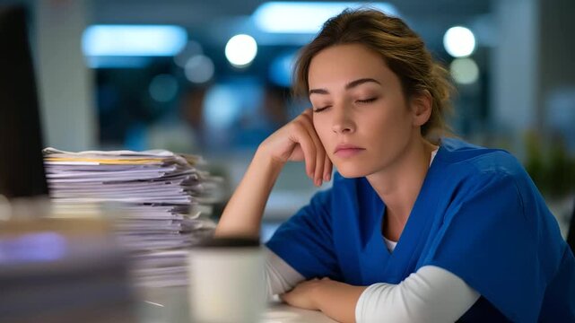 An exhausted nurse at a hospital desk spreadsheets glowing on her computer screen shoulders hunched forward with tired eyes stacks of medical charts and empty coffee cups beside
